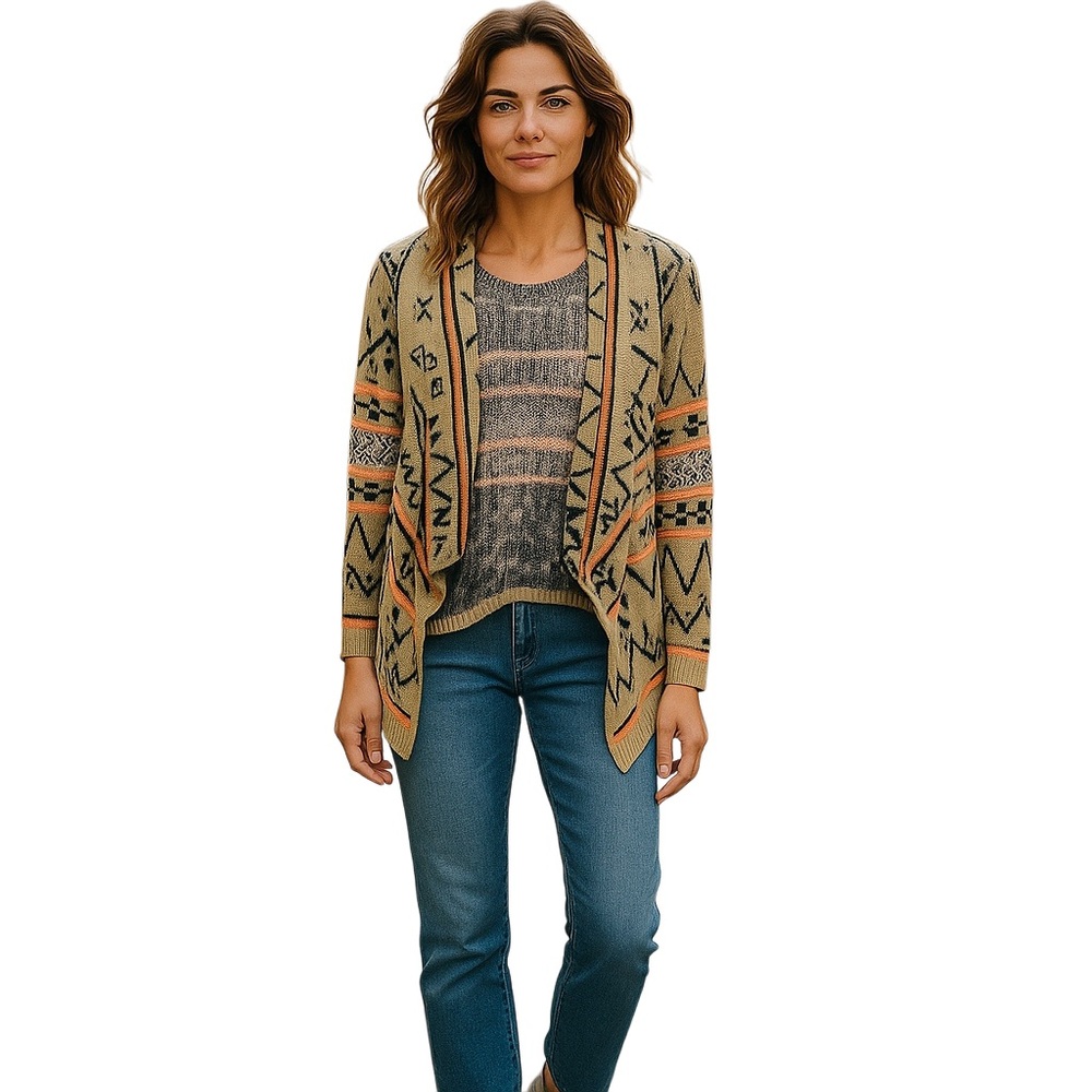 Demanding Women's Tribal Print Open Front Cardigan Sweater Size M